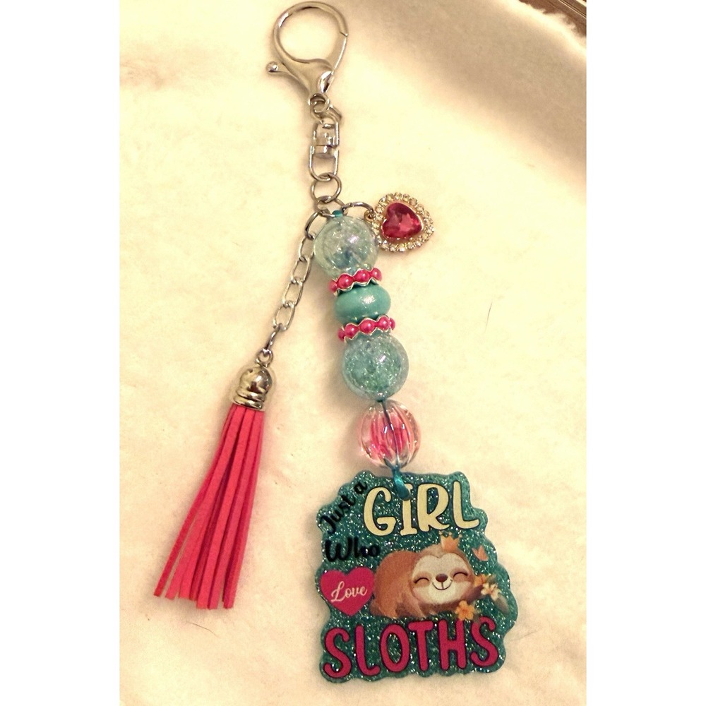 6 1/2" Just A Girl Who Loves Sloths Acrylic Glitter Flatback Bag Charm/Keychain
